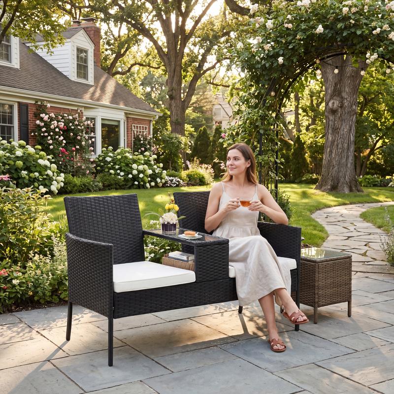 Conjunto de conversación de mimbre para patio de 2 plazas, sofá de dos plazas de ratán para exteriores con mesa, fundas de cojín lavables, patio trasero, jardín, césped, ratán negro con cojín negro, jardín de verano, decoración del hogar, artículos esenci