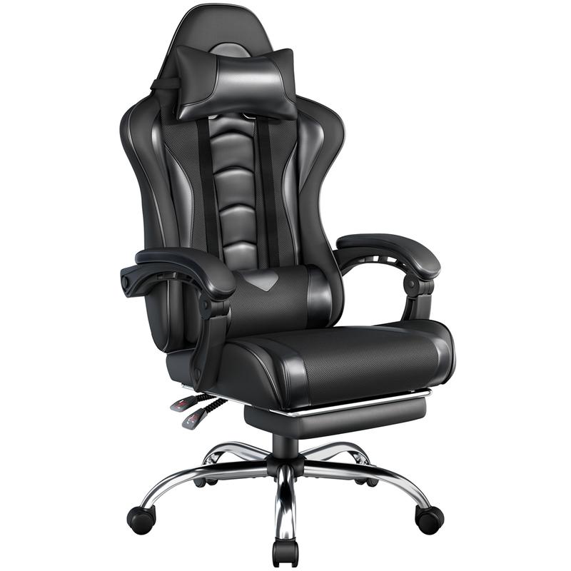 Silla ergonómica para videojuegos con soporte lumbar con masaje, reposapiés y reposacabezas retráctiles – Silla de oficina reclinable de cuero sintético, silla de escritorio giratoria con ruedas para jugadores altos.