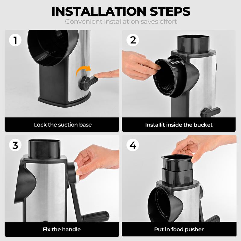 Rallador de queso manual compacto SUSTEAS - Modelo rotativo de acero inoxidable con juego de 5 cuchillas, manivela de accionamiento rápido, base con ventosa potente, caja para guardar las cuchillas, empujador suave y seguro para los dedos, cortador de man