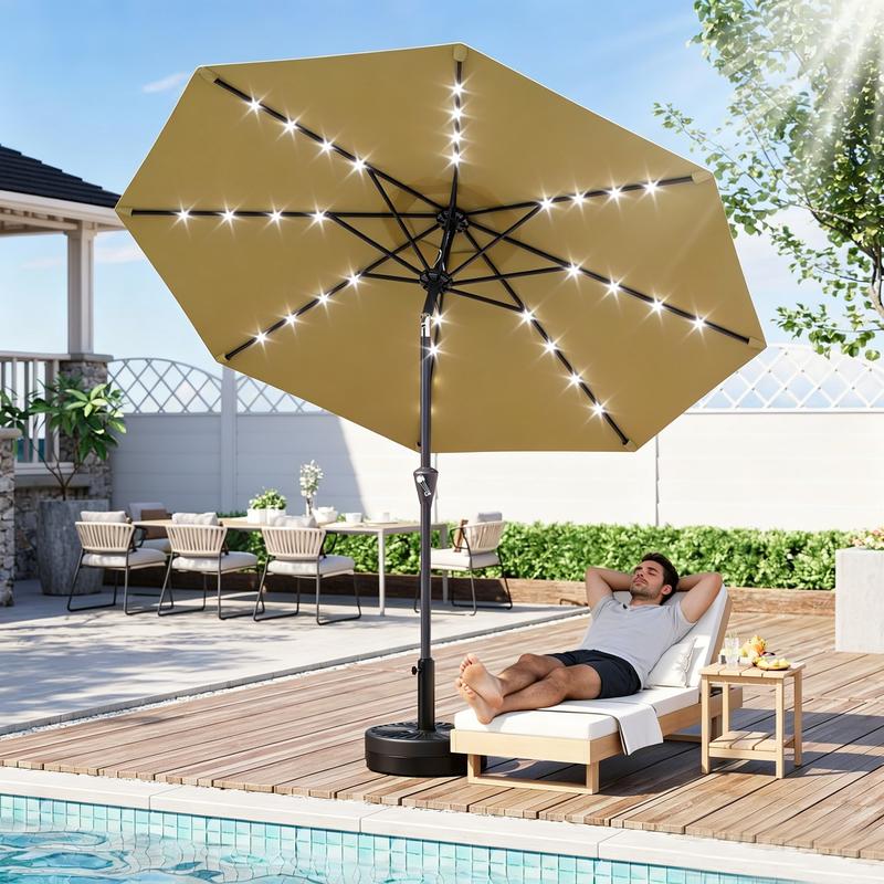 Sombrilla de exterior Garvee Modern de 300 cm (9 pies) resistente con luces LED solares, estructura de 8 varillas de alta resistencia, doble inclinación de 30°, manivela de fácil uso, sombrilla de protección solar resistente a la intemperie para jardín, b
