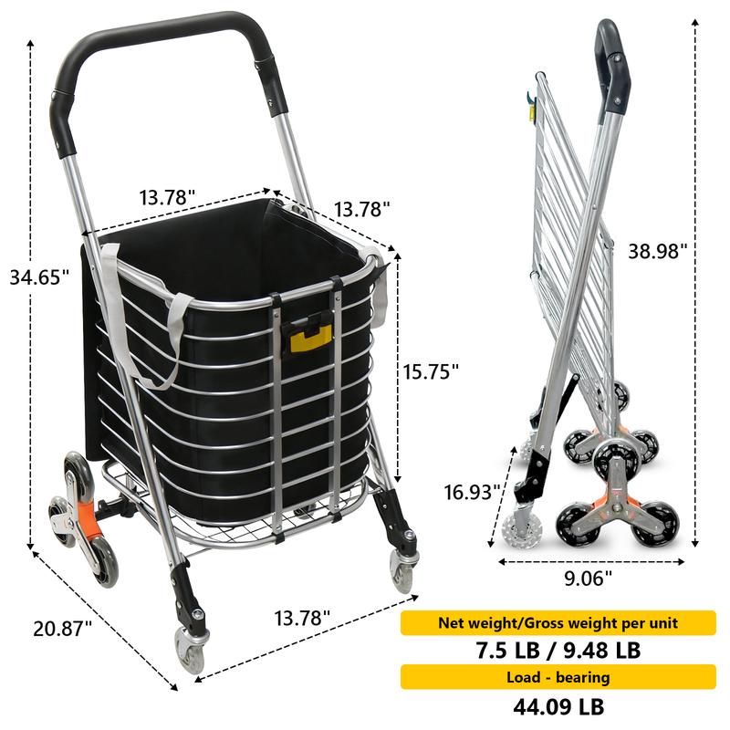 Carro plegable compacto SEKAM - Carro de tres ruedas resistente para subir escaleras con ruedas giratorias de 360°, carrito rodante para personas mayores, para compras, carro plegable, carro plegable plano, carro plegable multifuncional