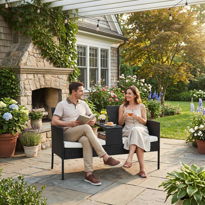 Conjunto de conversación de mimbre para patio de 2 plazas, sofá de dos plazas de ratán para exteriores con mesa, fundas de cojín lavables, patio trasero, jardín, césped, ratán negro con cojín negro, jardín de verano, decoración del hogar, artículos esenci