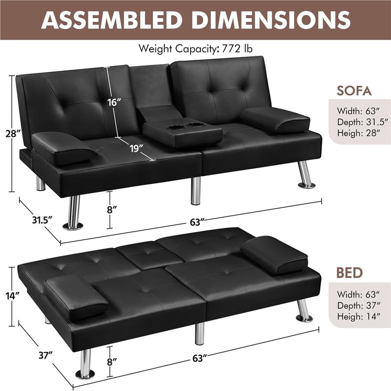 【Mayor área para dormir】Sofás y cama futón convertibles modernos de piel sintética Yaheetech con 2 cojines decorativos y portavasos abatibles, sofá futón ajustable 3 en 1