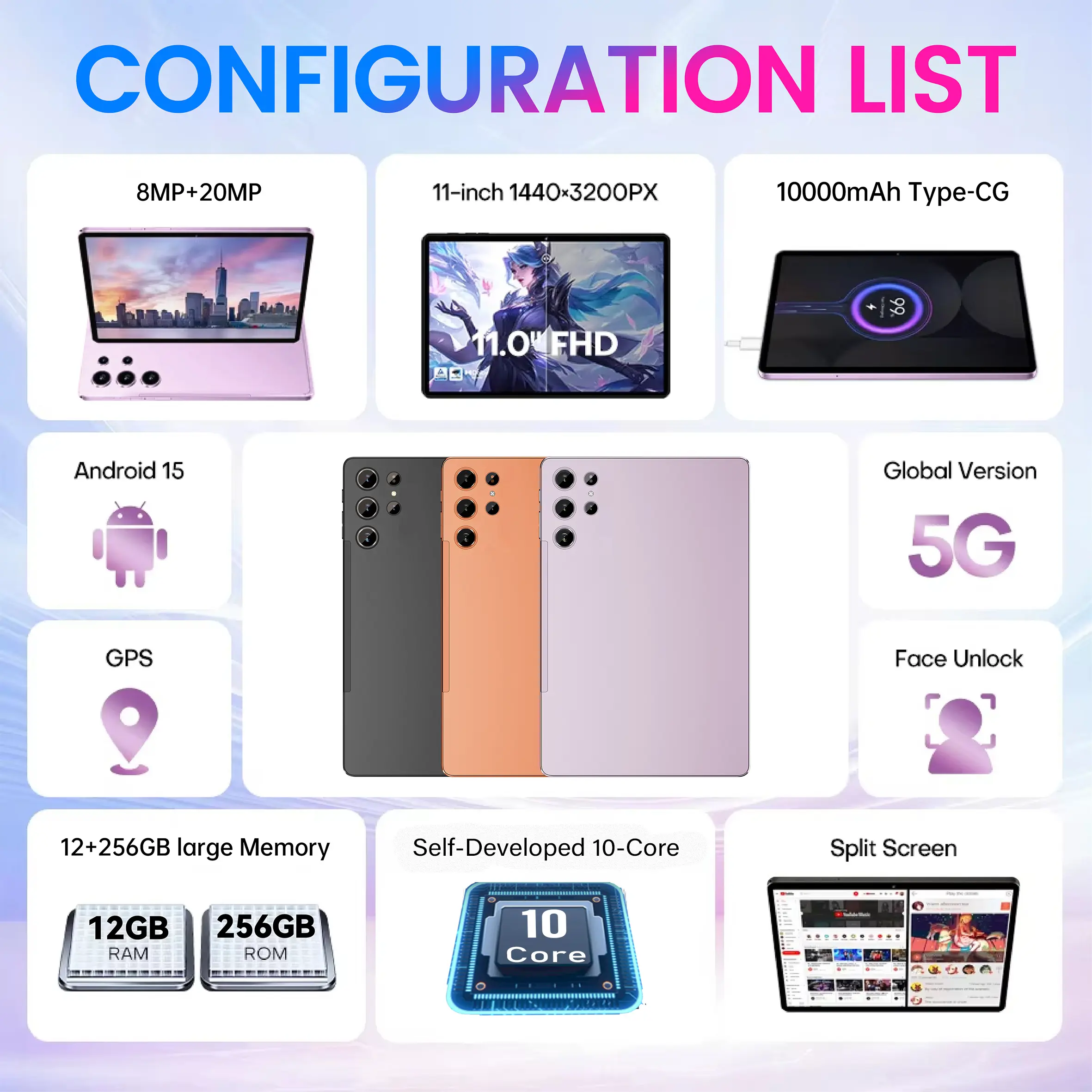 Tablet Android 15 de 11 pulgadas (modelo 2026), 12 GB de RAM, 256 GB de almacenamiento, 5G y WiFi