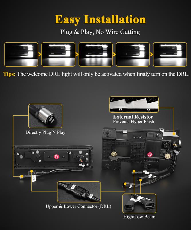 Conjunto de faros LED homologados por el DOT para Silverado C/K 1500/2500/3500 88-98, 6500K con intermitentes secuenciales, luz diurna con animación de arranque y luz alta/baja.