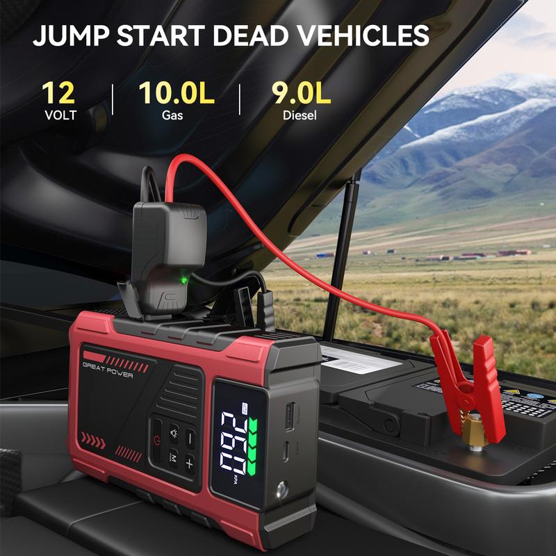 Arrancador portátil de 12000 mAh con compresor de aire, 150 PSI, caja de arranque para baterías de coche de 12 V, motores de gasolina de 10,0 L y diésel de 9,0 L, inalámbrico, pinzas seguras para un uso sencillo.