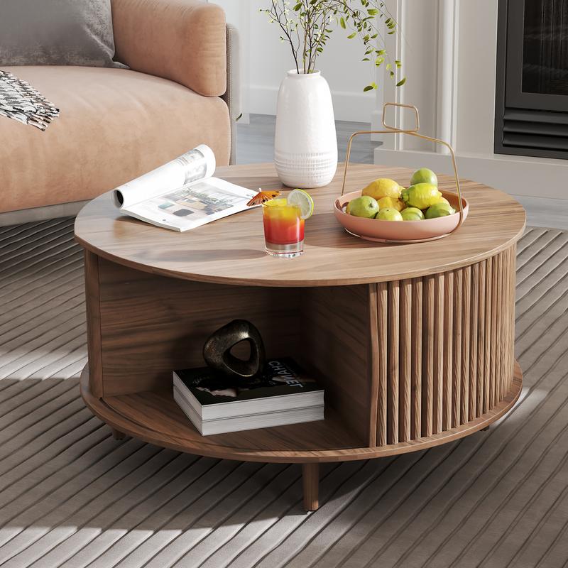 Mesa de centro rectangular convertible de madera de estilo moderno de mediados de siglo - 80 cm (31,5"), color nogal, con puerta corrediza. Ideal para espacios pequeños, mesa auxiliar para bebidas y decoración de interiores.