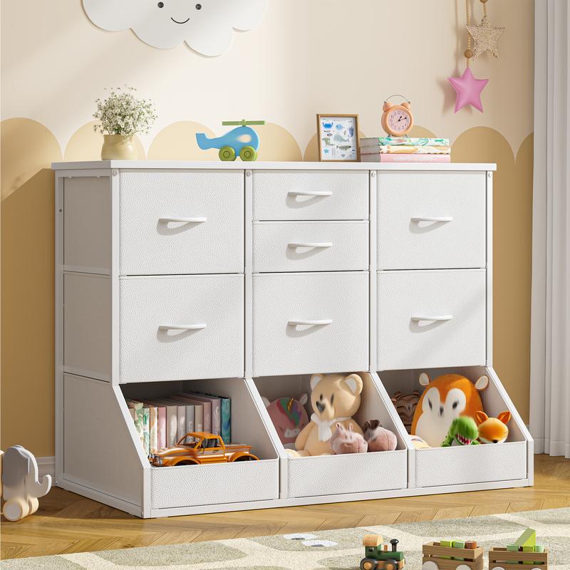 Organizador de almacenamiento Raybee de 99 cm de ancho con 7 cajones con cierre, 3 cajones con diseño de apertura espaciosa, estantería alta y librería para niños y niñas, cómoda moderna, mueble para el hogar que ahorra espacio para sala de juegos, aula, 