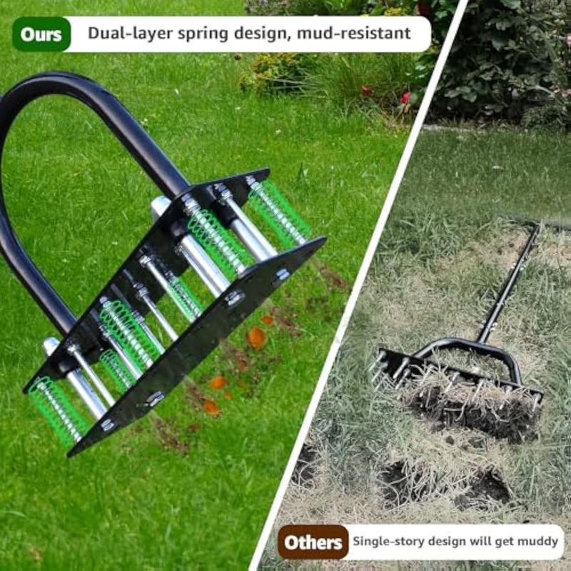 Aireador de césped RIFPOD - Herramienta aireadora de césped, diseño de limpieza automática de tierra y hojas, aireador de césped manual de alta resistencia con 15 púas de hierro, altura ajustable, aireador de césped para jardín (negro)