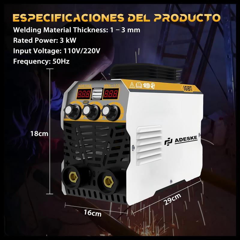 Máquina de soldar portátil ADESKE MMA-155 – Doble voltaje 110V/220V, salida de 120A, pantalla digital, protección contra sobrecarga, kit de soldadura completo para el hogar, reparación de automóviles y construcción.