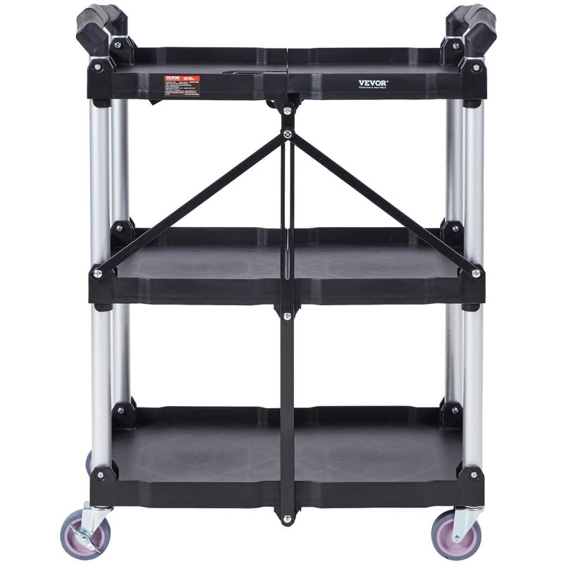 Carro de servicio móvil VEVOR de PVC resistente con 3 estantes - Capacidad de 75 kg, ruedas giratorias con bloqueo, asa ergonómica, soporte plegable con ruedas, estantes organizadores estables, ideal para artículos del hogar, hoteles y almacenes.
