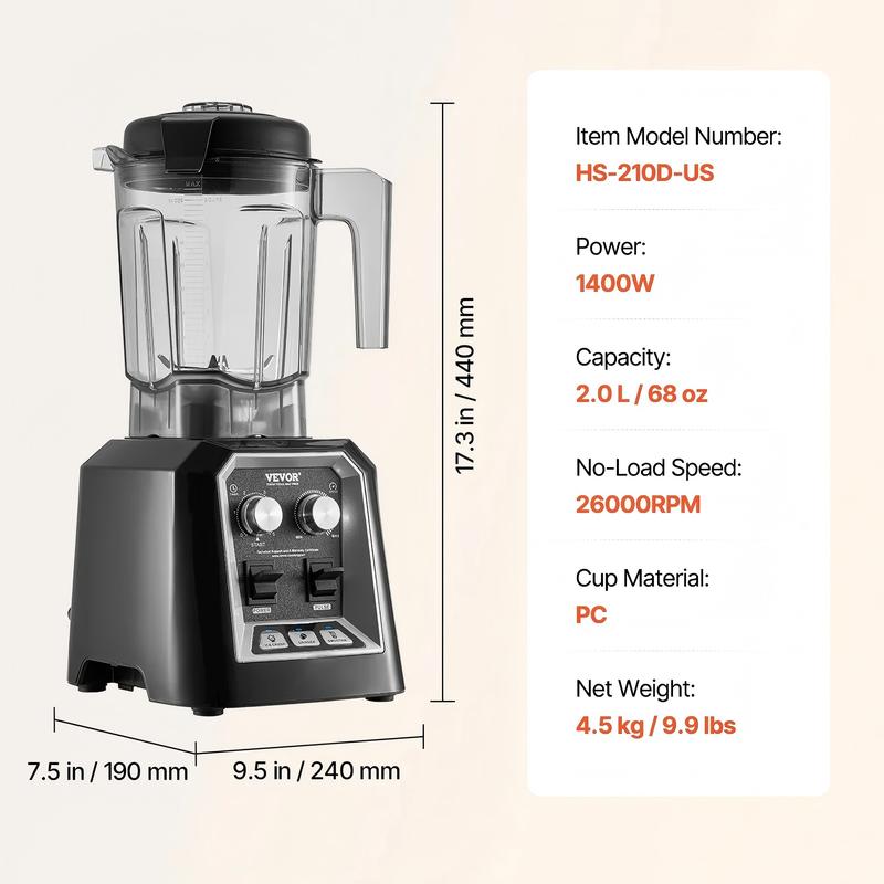 Licuadora profesional VEVOR con pantalla táctil y protector, máquina de jugo multifuncional comercial de mostrador, combo de 68 oz con acero inoxidable, 9 velocidades y juego de cuchillas silenciosas de 5 funciones, para batidos, smoothies, triturar hielo