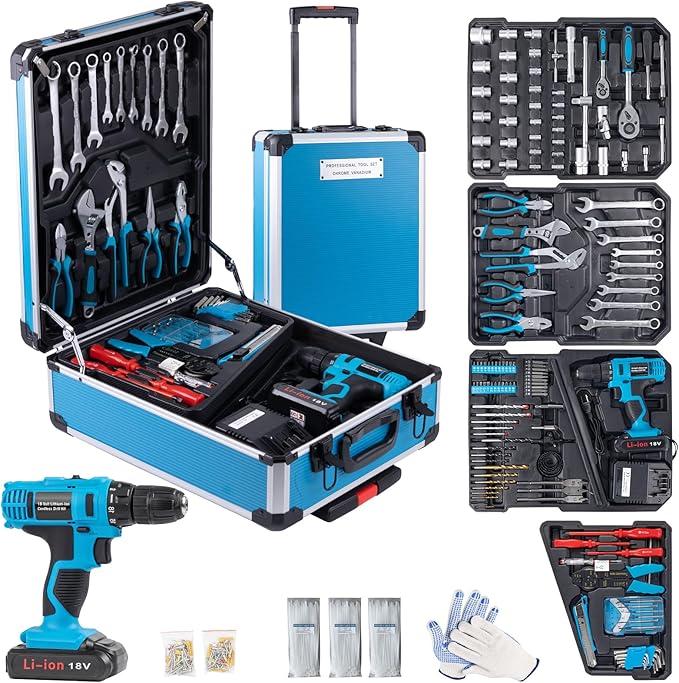 Juego de herramientas eléctricas de 799 piezas, juego de taladro eléctrico de 18 V para hombres, kits de herramientas manuales para el hogar y bricolaje, juego de taladro inalámbrico con embrague de 18+1 piezas para regalo del Día del Padre (llave métrica