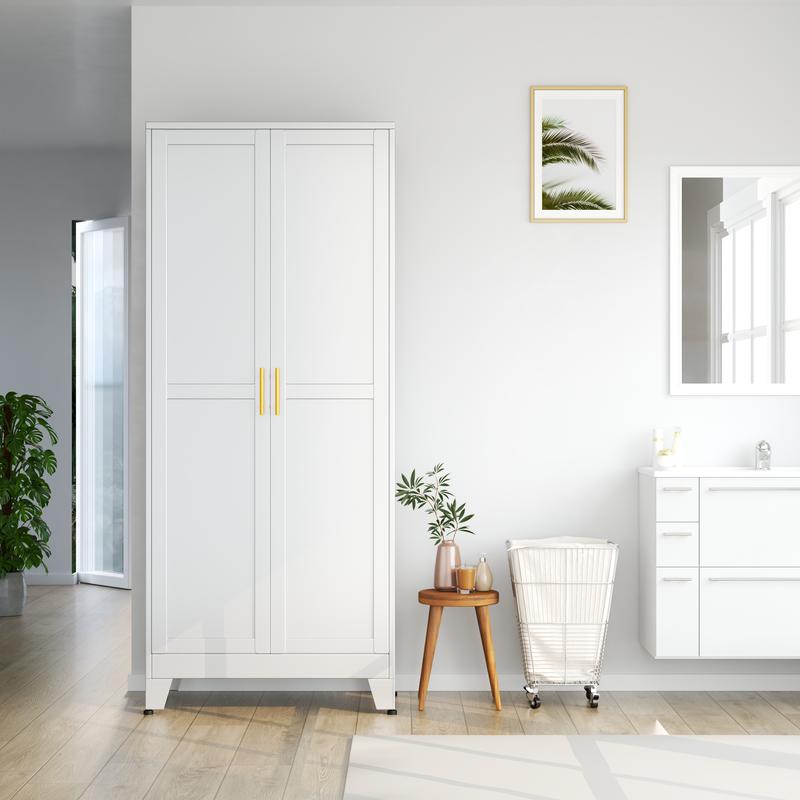 Armario despensa metálico con 2 puertas y 5 estantes ajustables, 190 cm (75"), armarios de almacenamiento de cocina con tiradores dorados, almacenamiento versátil para lavadero, sala de estar, baño, comedor, cuarto de servicio, organizador de muebles para
