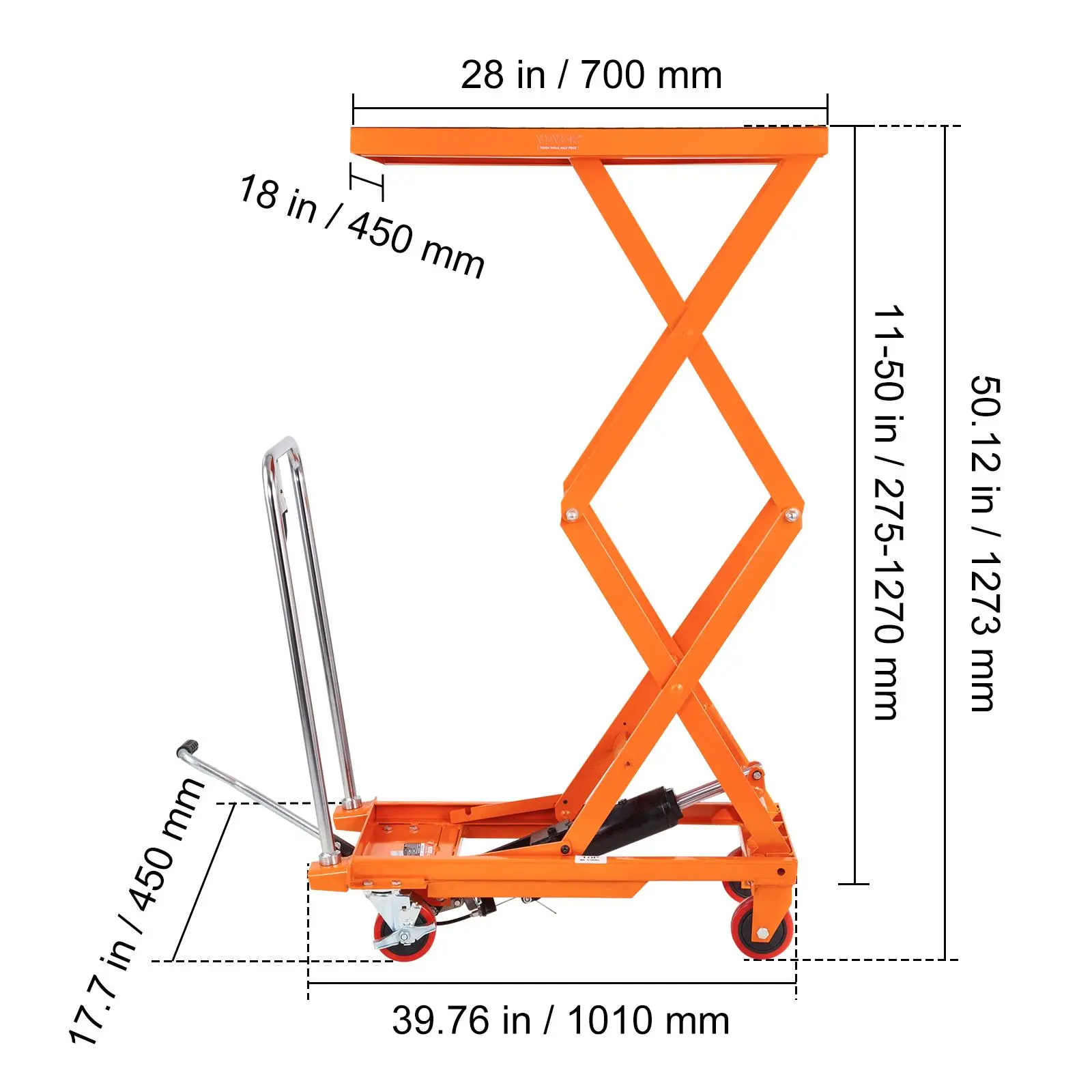Carro de mesa elevadora hidráulica — Capacidad de 330 lb, altura de elevación de 50", mesa elevadora manual de doble tijera con 4 ruedas y almohadilla antideslizante.