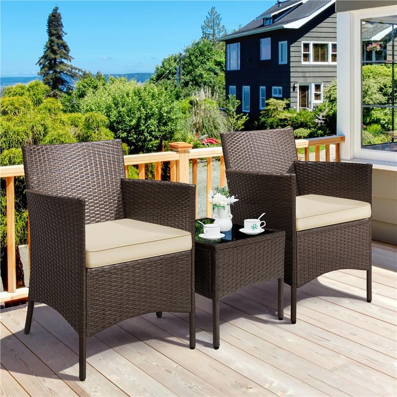Conjunto de muebles de patio Yaheetech de 3 piezas, conjunto de muebles de ratán para exteriores, 2 sillas con cojines y 1 mesa auxiliar para bistró/porche/jardín/terraza/patio, decoración del hogar, artículos esenciales para acampar.