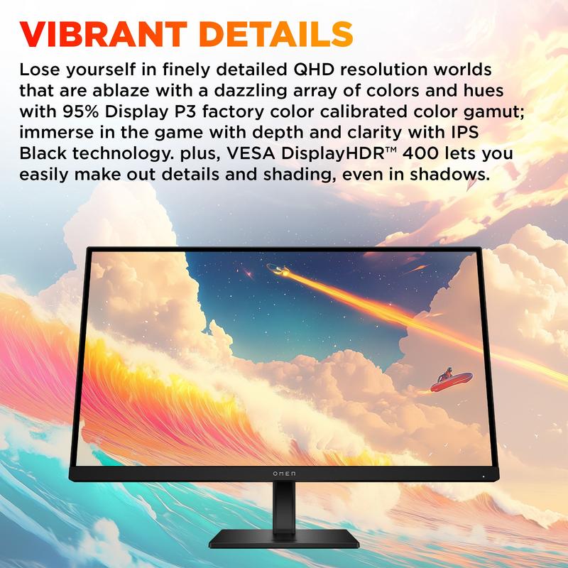 Monitor de escritorio OMEN 27qs G2 de 27 pulgadas, QHD, 280 Hz, plano y listo para juegos. Monitor de alto rendimiento de 26 a 28 pulgadas con diseño refinado, base, organizador de cables y puerto DP para actualización de juegos.