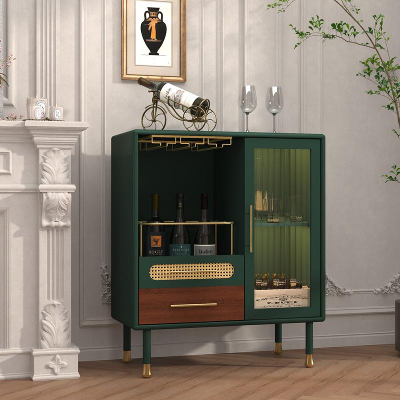 Mueble bar HLR verde esmeralda con detalles dorados, detalles de ratán, almacenamiento de doble zona de 94 cm y cajón extraíble: muebles de estilo clásico para apartamentos, muebles para estudios, ideal para quienes disfrutan del entretenimiento en casa,