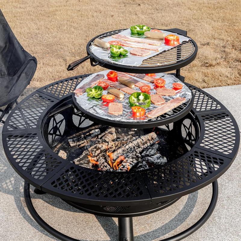 Juego de fogata metálica resistente Outvue de 36/42 pulgadas - Quema de leña, 2 parrillas de llama abierta, tapa y atizador, mesa segura para exteriores para barbacoa, reuniones en el patio, artículos para exteriores para adultos, fiesta