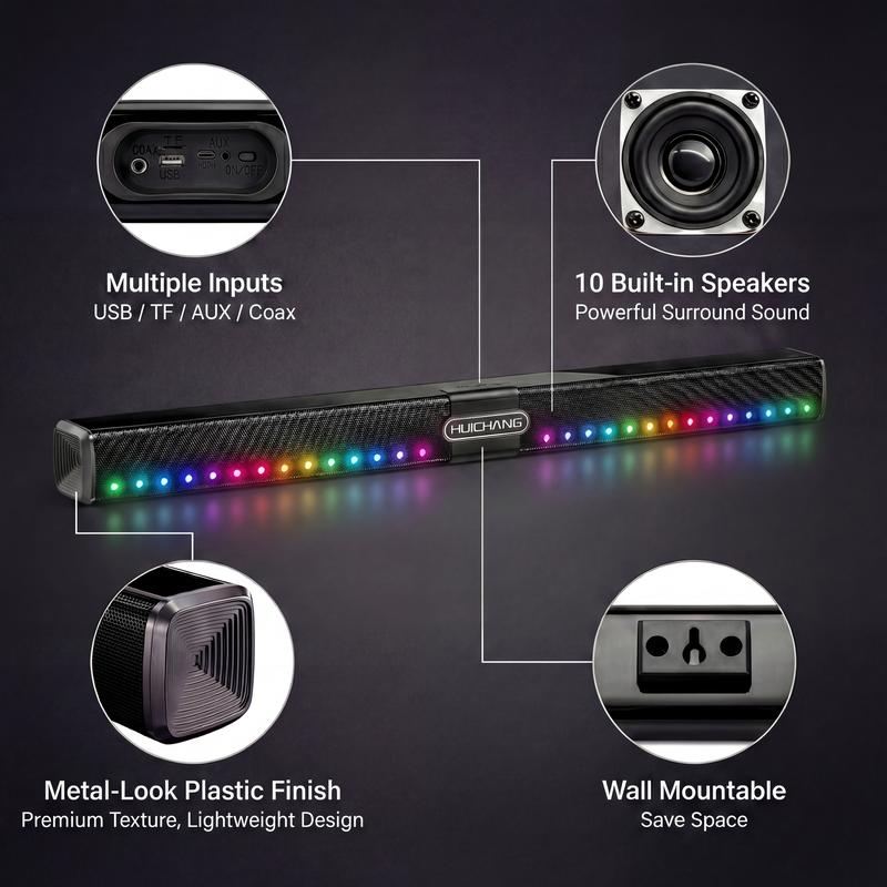 Barra de sonido RGB HUICHANG de 10 altavoces: diseño delgado de 88 cm (34,6") con Bluetooth 5.3 inalámbrico, potencia máxima de 300 W, graves profundos 9D, estéreo TWS, acabado en negro piano, entradas AUX/USB/coaxial, perfecta para cine en casa, TV, jueg