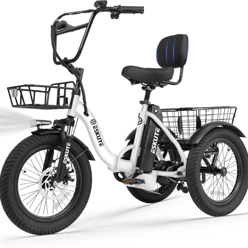 Triciclo eléctrico plegable ESKUTE T300 de fácil acceso para personas mayores, 1200 W de potencia máxima, batería de 624 Wh, neumáticos anchos de 18x3.0, autonomía máxima de 55 millas, diferencial trasero, acelerador con asistencia al pedaleo ajustable, r