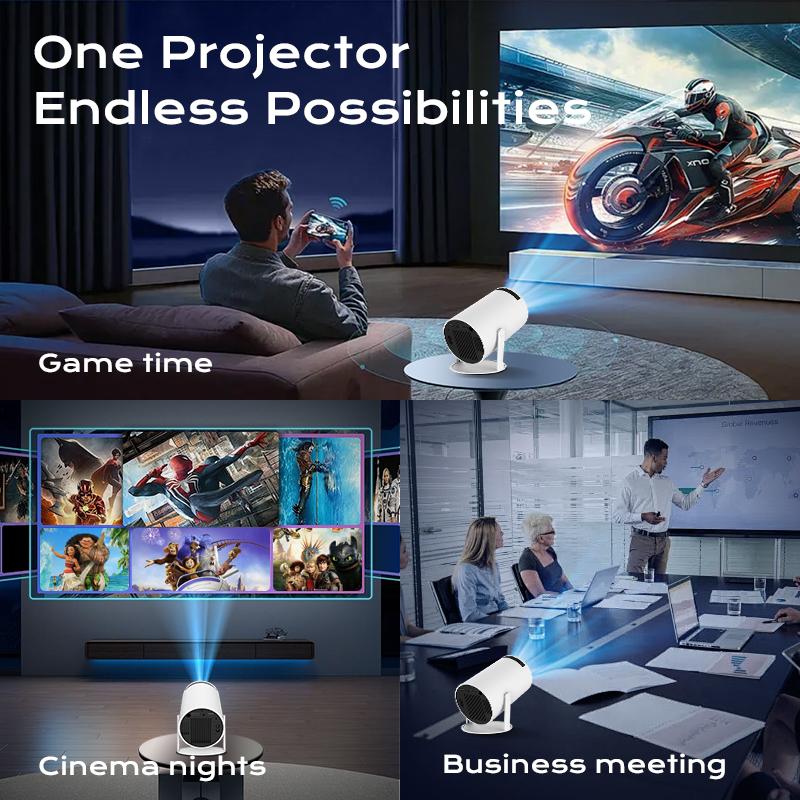 Proyector portátil HY300Pro+ para exteriores, mini proyector 4K con decodificación, WiFi 6 5G y Bluetooth 5.0, resolución Full HD 720p, 160 lúmenes ANSI, para Android, audio, Bluetooth, juegos y cine en casa.