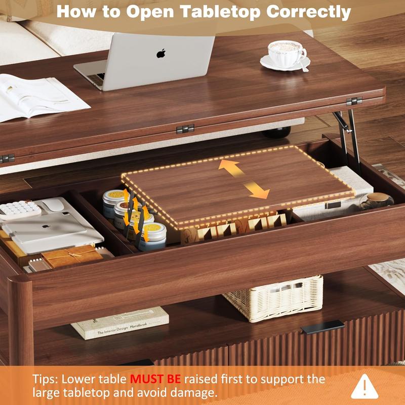 【Summergarden】Mesa de centro elevable de 101 cm (40"), mesa de centro cuadrada 4 en 1 con estante de almacenamiento y 2 cajones, mesas de centro modernas con tablero elevable, se convierte en mesa de comedor para sala de estar, oficina en casa, nogal