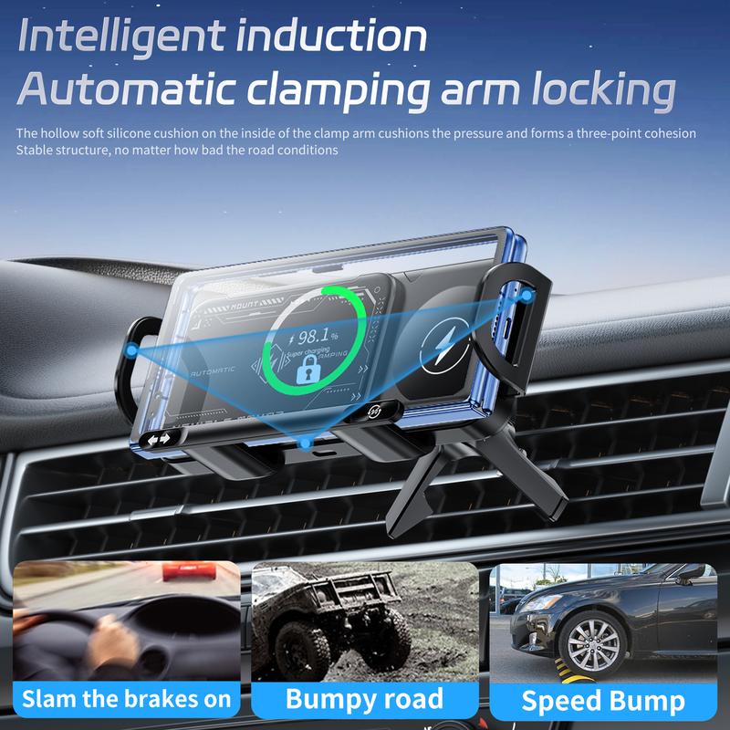 Soporte inalámbrico para teléfono móvil para coche, compatible con pantallas plegables y smartphones universales. Soporte giratorio de 90° con potencia de salida de 15 W. Soporte para teléfono móvil para rejilla de ventilación súper estable con clip de ga