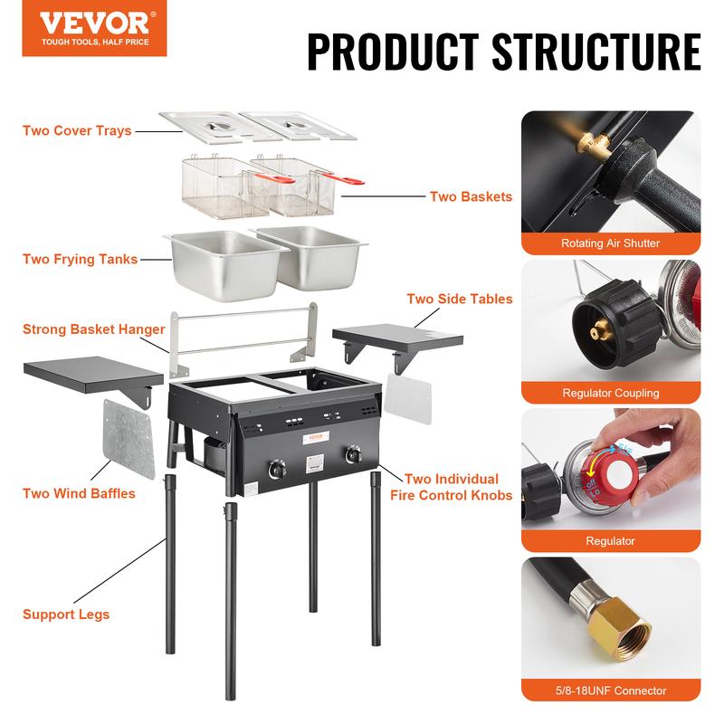 Freidora de propano para exteriores VEVOR, freidora comercial de doble quemador, cocina de acero inoxidable de 16 cuartos con cestas, tapas y tanques extraíbles, carro freidora con termómetro y regulador, para cocinar al aire libre.