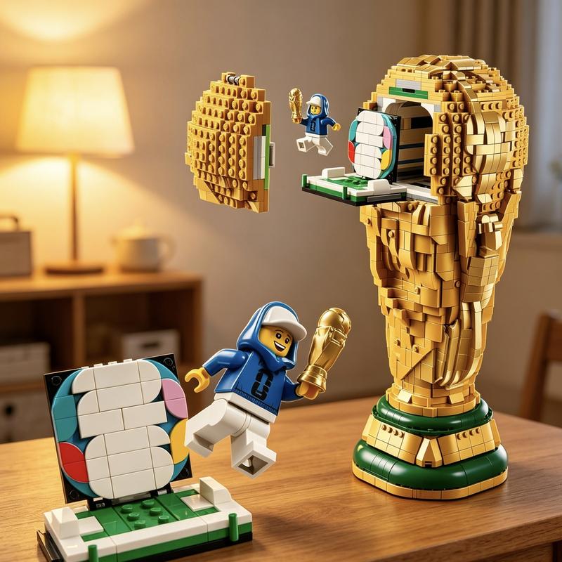 Set oficial para construir trofeos - Kit para exhibir en el dormitorio, la oficina en casa o la estantería - Artículo de colección para aficionados al fútbol - Incluye minifigura de 2026 - Regalo para aficionados