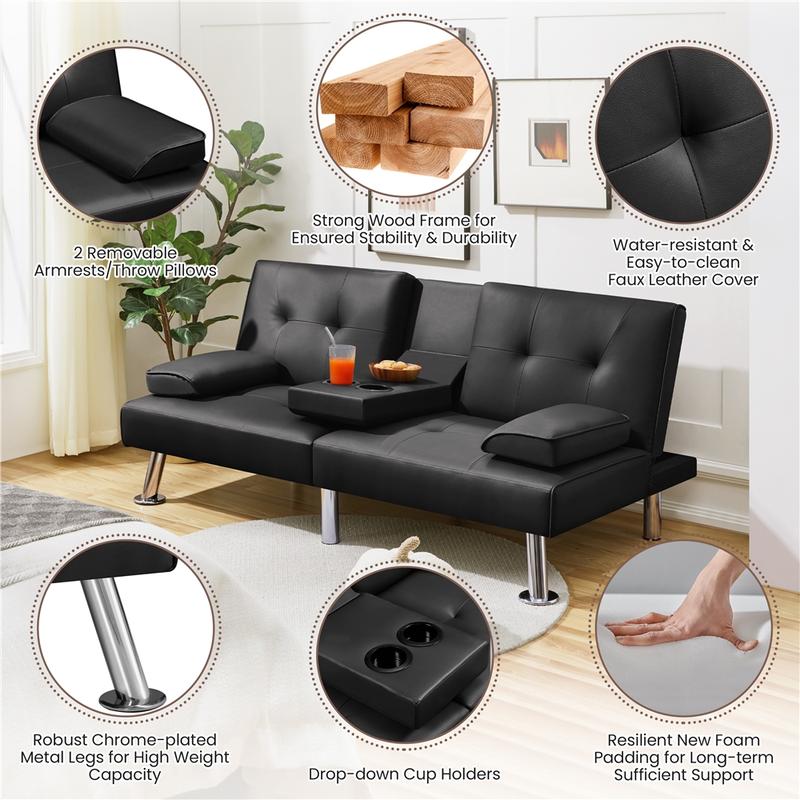 【Mayor área para dormir】Sofás y cama futón convertibles modernos de piel sintética Yaheetech con 2 cojines decorativos y portavasos abatibles, sofá futón ajustable 3 en 1