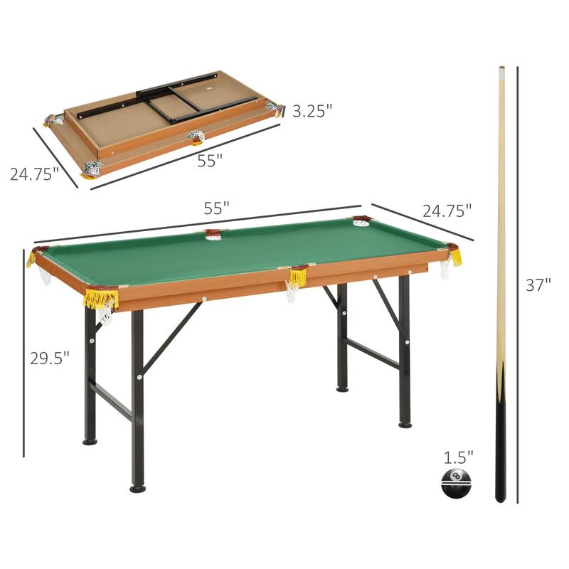 Mesa de billar plegable portátil Soozier de 140 cm (55 pulgadas), tablero de MDF y estructura de pino con superficie de vellón de poliéster, accesorios de ABS y plástico incluidos, para niños y adultos, compacta, incluye tacos y accesorios, patas ajustabl
