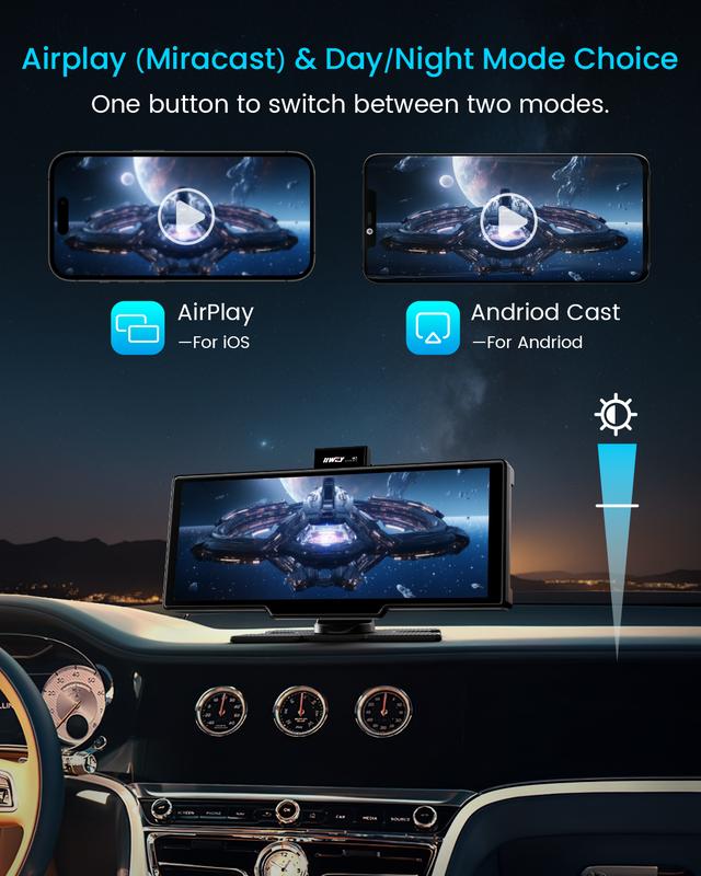 Autoestéreo portátil de 10 pulgadas con cámara de salpicadero 4K y cámara de marcha atrás 1080P – Apple CarPlay inalámbrico, Android Auto, 64 GB de almacenamiento, navegación GPS, control por voz, reproducción de música, Mirror Link, tarjeta de memoria in