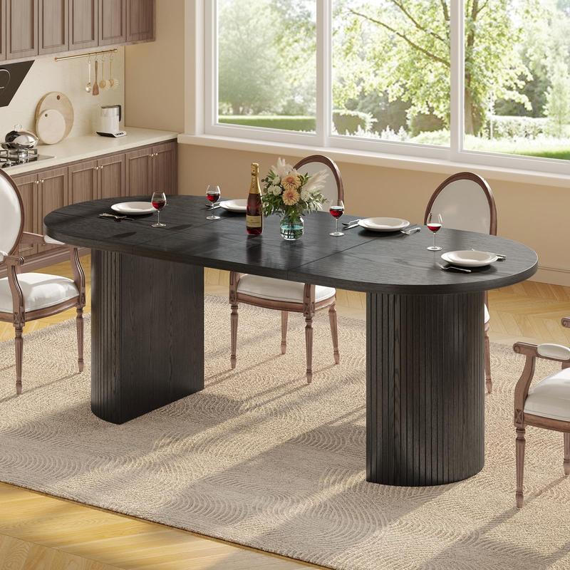 Mesa de comedor de 70,8 pulgadas para 4-6 personas, mesa de comedor ovalada con base de listones de madera curvados y estriados, mesas de cocina modernas de mediados de siglo con almohadillas en las patas, mesas de comedor para sala de estar, comedor