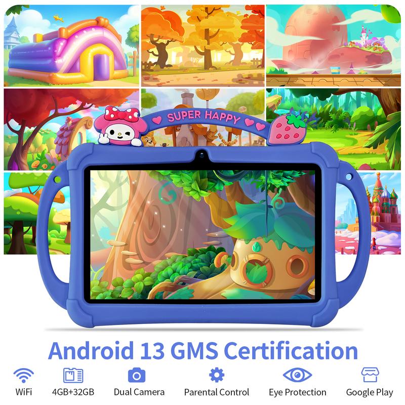 [Summervibes] Tableta infantil PRITOM de 7 pulgadas con Android 13, Bluetooth, WiFi, pantalla HD, funda protectora, control parental, doble cámara y aplicaciones educativas preinstaladas. Tableta ideal para el aprendizaje de niños y niñas.