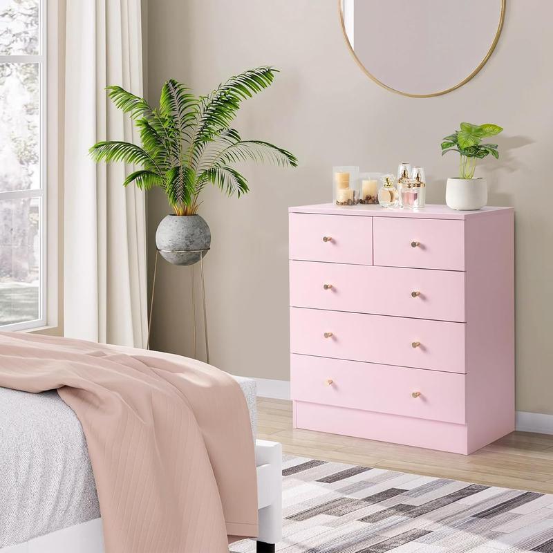Cómoda rosa de 5 cajones para dormitorio, cómoda moderna de madera, cómodas rosas para dormitorio de niñas, dispositivo antivuelco, tirador de metal oro rosa, sala de estar, recibidor, pasillo, oficina
