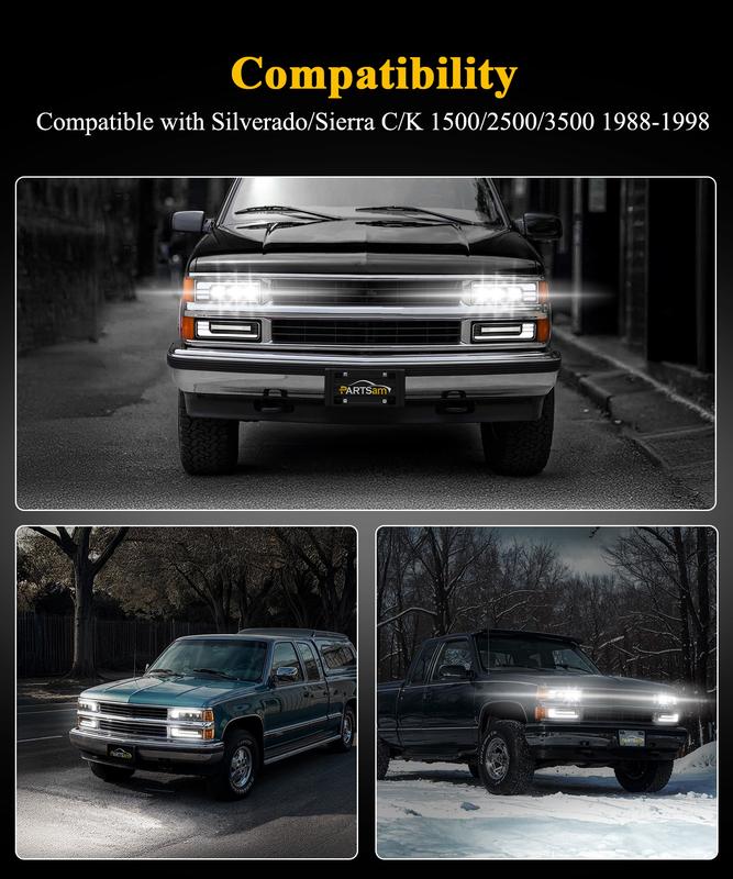 Conjunto de faros LED homologados por el DOT para Silverado C/K 1500/2500/3500 88-98, 6500K con intermitentes secuenciales, luz diurna con animación de arranque y luz alta/baja.