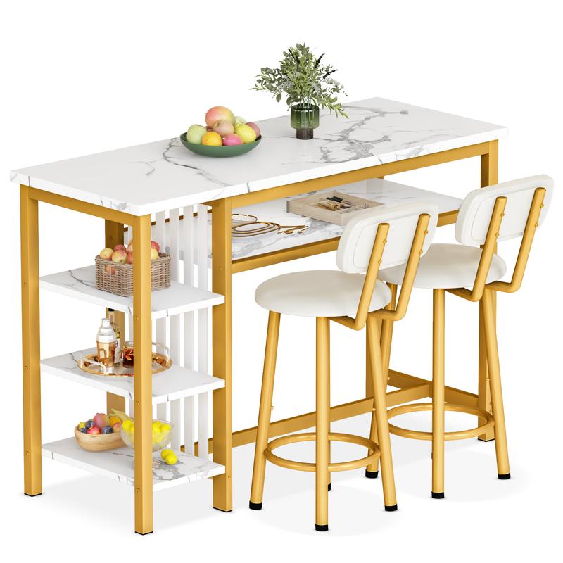Juego de 3 mesas y sillas de bar AWQM, mesa moderna de imitación mármol blanco con 2 taburetes de bar con cojines de PU, mostrador de cocina con estantes de almacenamiento de 3 niveles, mesa que ahorra espacio para el hogar y la cocina, marco negro, juego