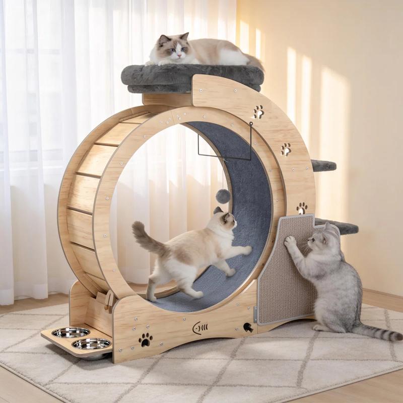 NAVINE Rueda de ejercicio para gatos de 40" para gatos de interior, cinta de correr para gatos con nido, rueda con cierre de seguridad, rascador, casita, escalera y comedero.