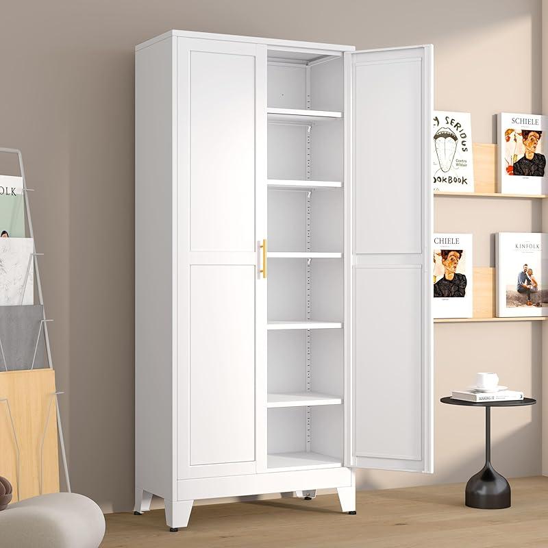 Armario despensa metálico con 2 puertas y 5 estantes ajustables, 190 cm (75"), armarios de almacenamiento de cocina con tiradores dorados, almacenamiento versátil para lavadero, sala de estar, baño, comedor, cuarto de servicio, organizador de muebles para