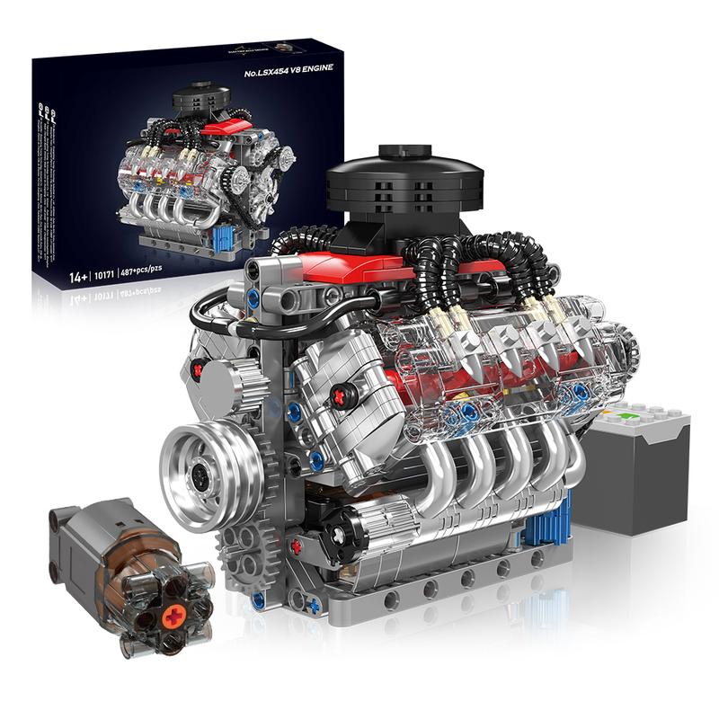 Kit de construcción de motor V8 funcional Kit de construcción de motor V8 eléctrico Juguetes de bloques de construcción de motor V8 Impulsado eléctricamente 487 piezas Kit de modelo Engranajes en funcionamiento Para entusiastas de la ingeniería mecánica R