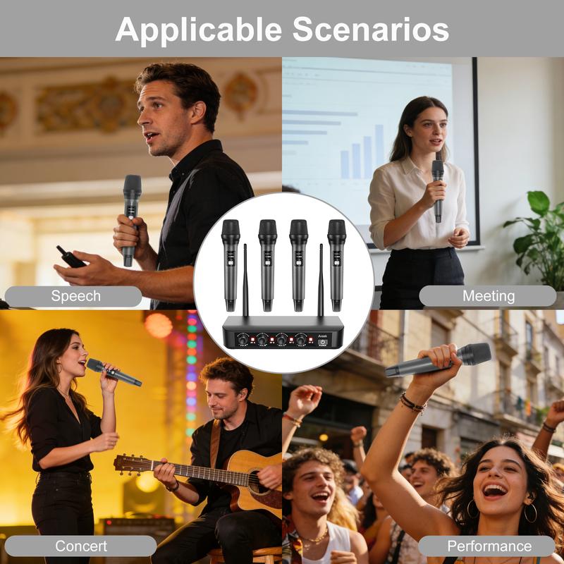 Sistema de micrófono inalámbrico Aveek con 4 micrófonos dinámicos de mano: alcance de 78 metros, batería de 40 horas, sonido de estudio de baja latencia para karaoke, canto, iglesia, escenario y eventos.