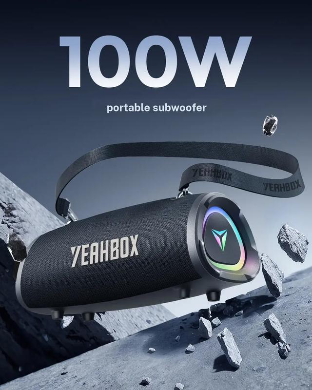 Altavoz Bluetooth inalámbrico portátil - 100 W (120 W de pico) Audio estéreo, resistente al agua IP67, luces RGB, carga mediante power bank de 9000 mAh, DSP dual, correa para el hombro para camping y fiestas.