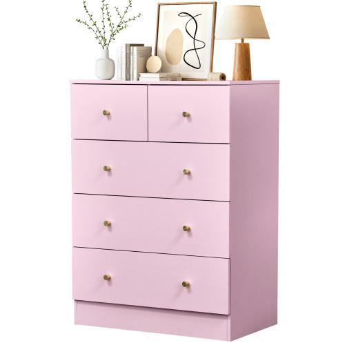 Cómoda rosa de 5 cajones para dormitorio, cómoda moderna de madera, cómodas rosas para dormitorio de niñas, dispositivo antivuelco, tirador de metal oro rosa, sala de estar, recibidor, pasillo, oficina