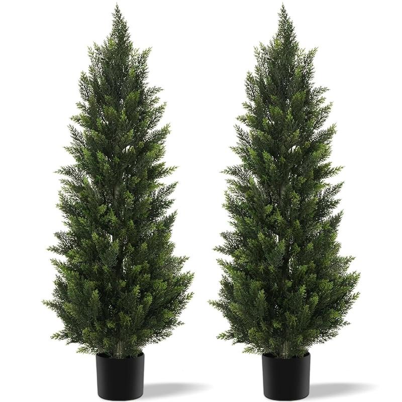 Paquete de 2 plantas artificiales de cedro y ciprés de 3/4/5 pies para decoración de patio, porche delantero, boj, Navidad.