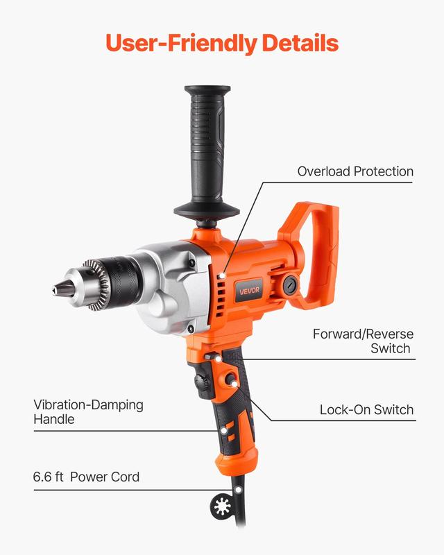 Mezcladora de taladro VEVOR, juego de mezcladora de taladro eléctrico con cable de 5/8 pulgadas, 0-850 RPM, 5.8 A, taladros mezcladores, máquina de taladros mezcladores con mango en D para taladrar y mezclar, mezcladoras de cemento portátiles para forraje