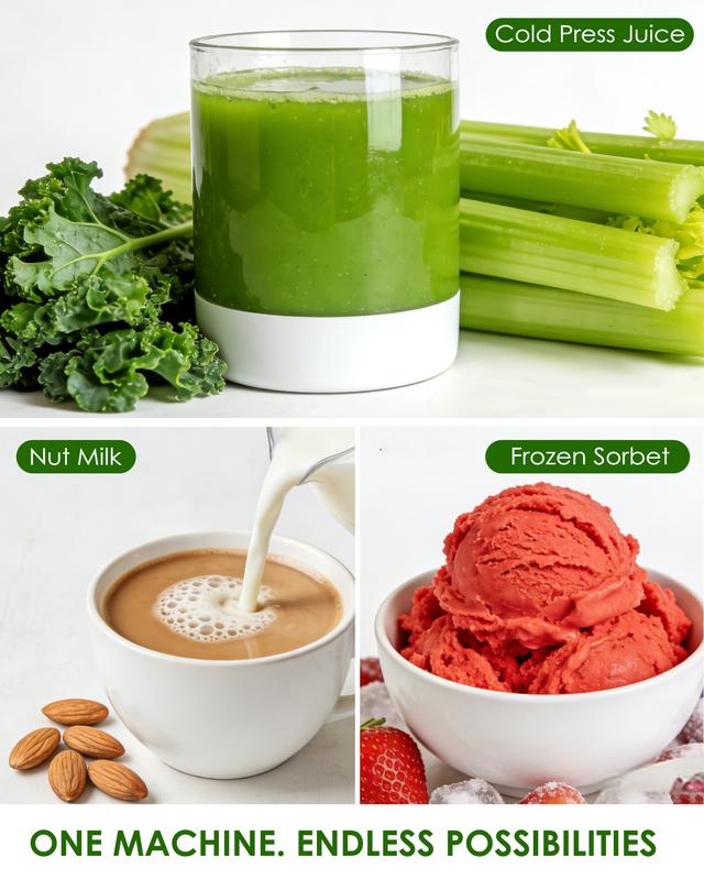 Licuadora de prensado en frío 3 en 1, boca de alimentación ancha de 18 cm, para frutas y verduras enteras, sorbetes y leches vegetales, fácil de limpiar, gran capacidad de 355 ml.