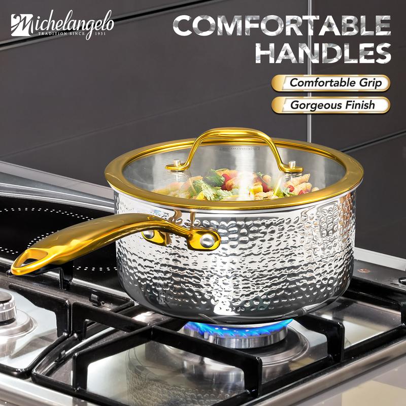 Juego de utensilios de cocina Michelangelo de 10 piezas de acero inoxidable triple, ollas y sartenes martilladas 18/10, elegantes cacerolas con asas doradas, tapas, apto para inducción, fácil de limpiar.