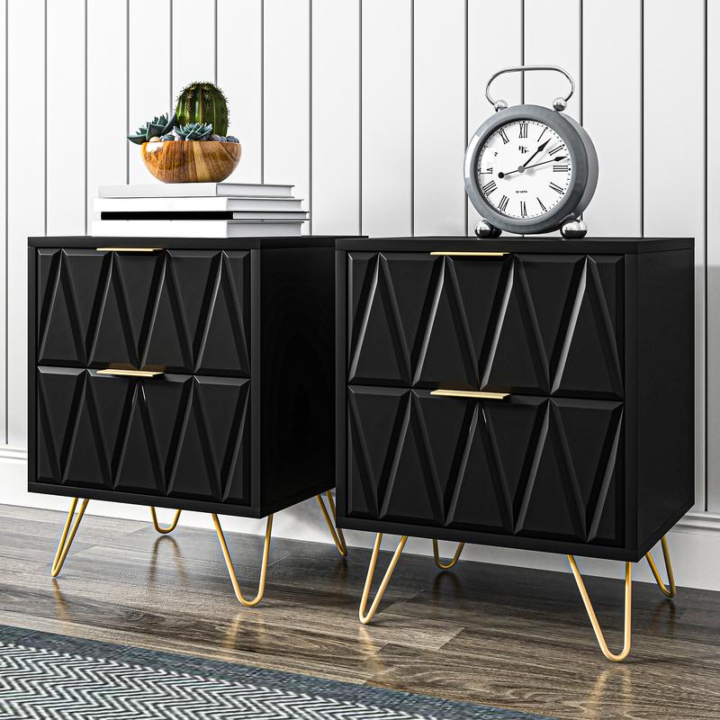 2 mesitas de noche modernas de 2 cajones - Almacenamiento para dormitorio, exquisitas y duraderas mesitas de noche con patas de metal dorado, muebles para sala de estar, muebles para habitación