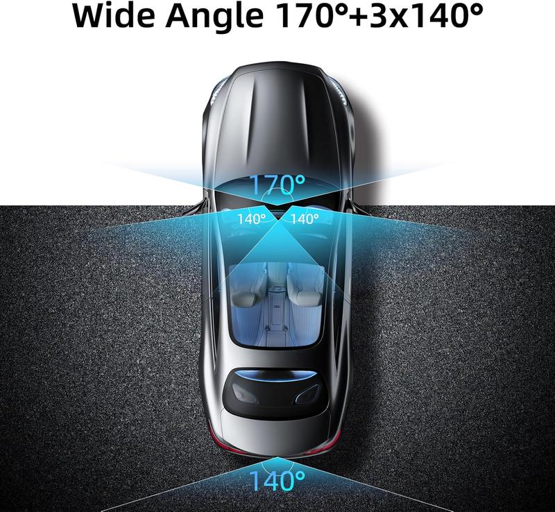 Cámara de salpicadero de 4 canales con visión envolvente de 360°. Incluye cable OBD GRATIS para monitorización de aparcamiento 24/7. Grabación con 4 lentes: frontal, trasera, interior, izquierda y derecha. Pantalla de 3", WiFi integrado, tarjeta de 64 GB.